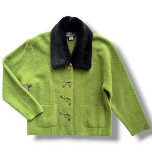 Lisa International Women's L Lime Green Boiled Wool Black Faux Fur Collar Jacket